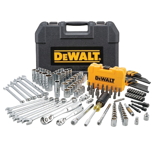 DEWALT tool set with sockets, wrenches, screwdriver bits and case, all displayed together.