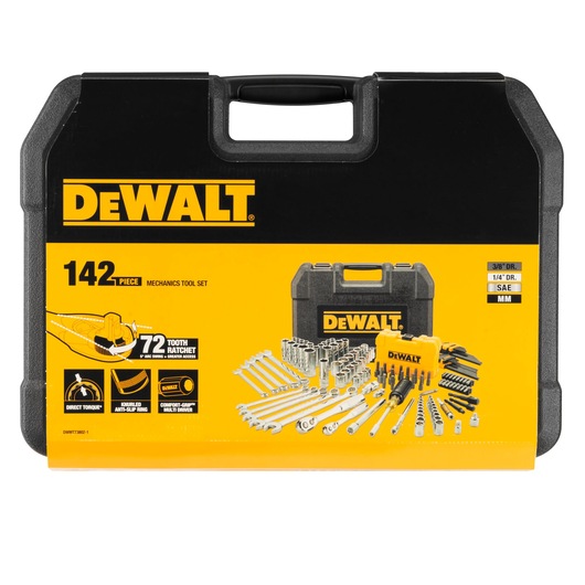 DEWALT 142-piece mechanics tool set in a black and yellow case with tools displayed on the front.