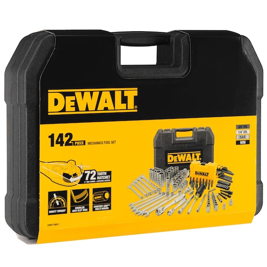 DEWALT 142-piece mechanic's tool set in a sturdy black and yellow carrying case.