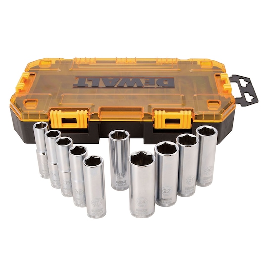 DEWALT socket set with ten chrome sockets arranged in front of a yellow and black storage case.