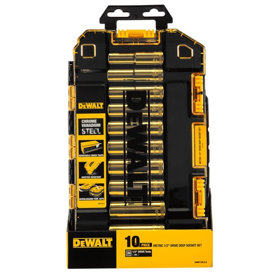 DEWALT 10-piece metric 1/2" drive deep socket set in yellow and black hard plastic case, visible branding and specs.