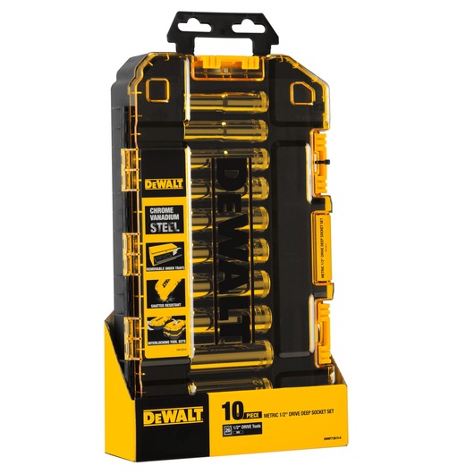 DEWALT 10-piece metric 1/2'' drive deep socket set in black and yellow plastic case.