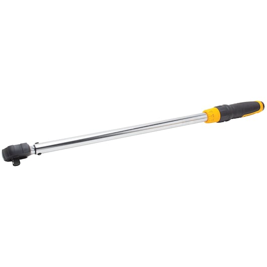DEWALT torque wrench with a black and yellow handle and chrome shaft, shown on white background.