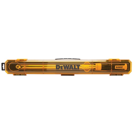 DEWALT yellow transparent case for tools, compact and rectangular, with logo on front.