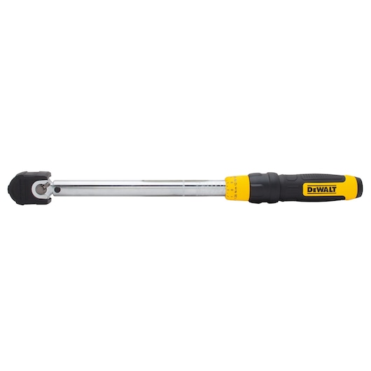 DEWALT torque wrench with yellow and black handle, metal shaft, and adjustable head, shown on white background.