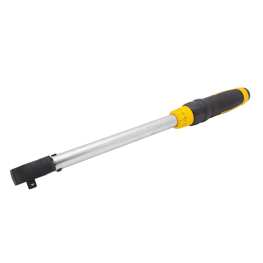 DEWALT torque wrench with a black and yellow handle and silver shaft, shown against a white background.
