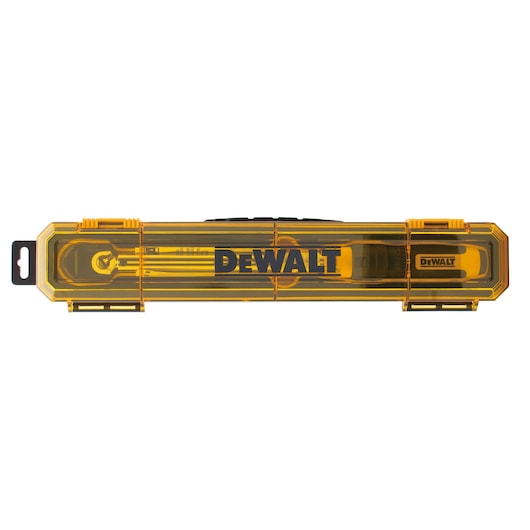Yellow DEWALT tool case with transparent lid, showing a ratchet wrench inside.