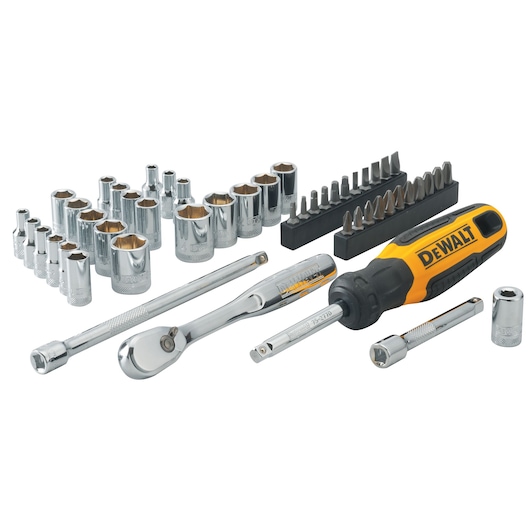 DEWALT socket set with ratchet, screwdriver, bits, and chrome sockets on white background.