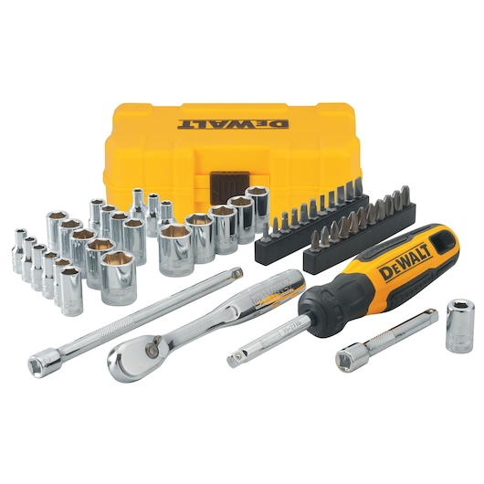 DEWALT socket and ratchet tool set with yellow case, multiple bits and accessories.