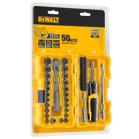 DEWALT 50-piece mechanics tool set in yellow packaging, including sockets, ratchet, screwdriver, and accessories.