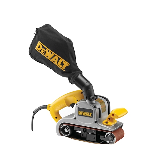 DEWALT handheld belt sander with dust bag, yellow and silver, electric power tool on white background.