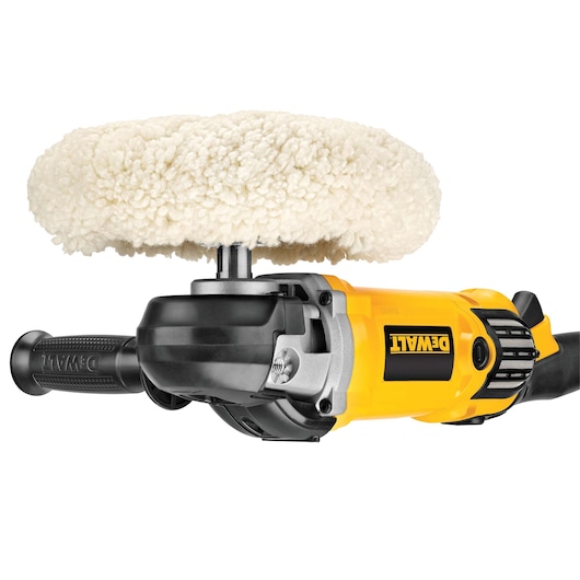 A DEWALT branded electric polisher with a yellow and black body and a large wool buffing pad attached.