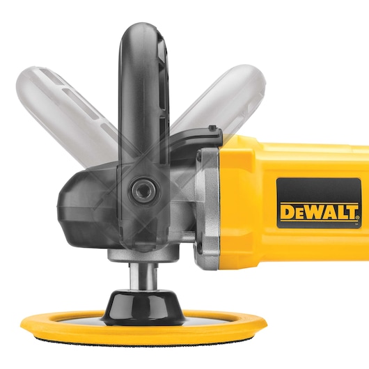 DEWALT DWP849X polisher with adjustable handle, yellow and black design, shown from the side.