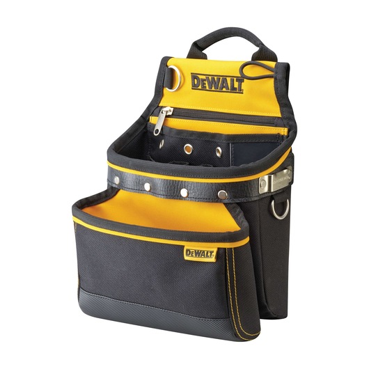 A DEWALT branded tool pouch in black and yellow. The pouch features multiple compartments, a front pocket, metal rivets for durability, and a handle on top for easy carrying.