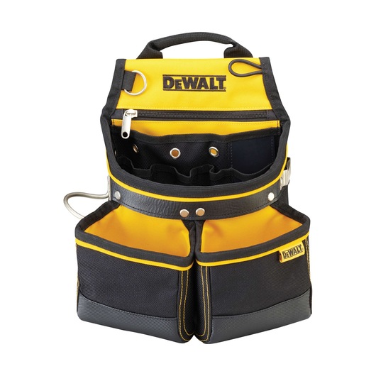DEWALT tool pouch with multiple pockets and compartments in yellow and black fabric, suitable for organizing tools.