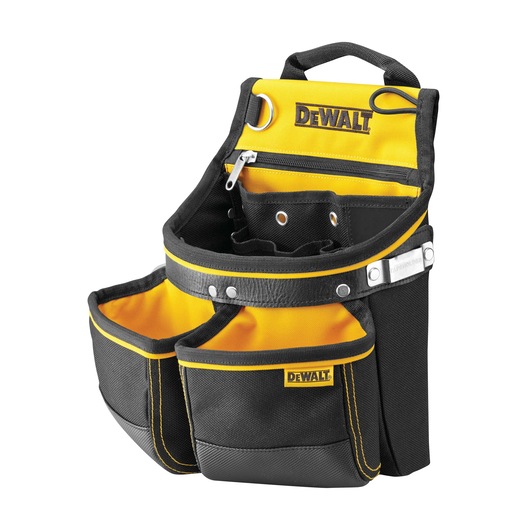 DEWALT tool pouch in black and yellow with multiple pockets and a zippered compartment.