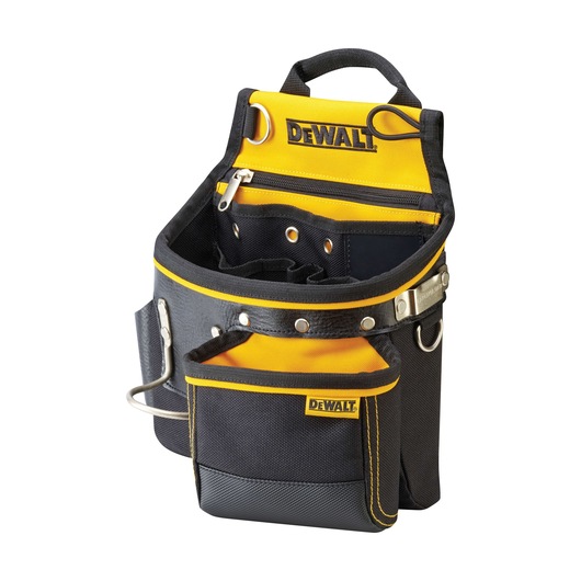 DEWALT black and yellow tool pouch with multiple pockets and metal loops for organized tool storage.