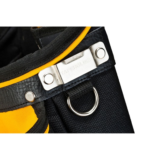 Close-up of a DEWALT tool pouch with a metal tape holder and D-ring on black and yellow fabric.