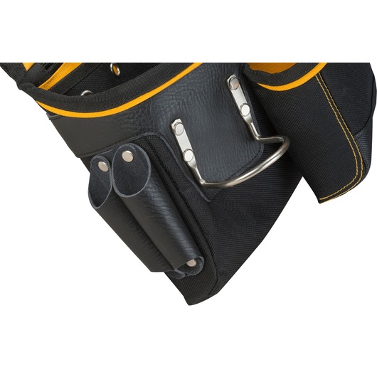 Close-up of a DEWALT black tool pouch with metal holder and yellow trim, designed for organizing tools.