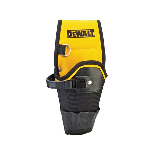 Yellow and black DEWALT tool holster with strap and metal loop, designed for carrying tools securely.