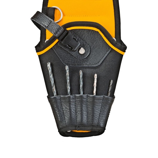 DEWALT tool pouch with yellow and black design, holding drill bits in slots and a strap for secure closure.