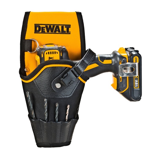 DEWALT tool holster with cordless drill and drill bits, designed for convenient tool carrying.