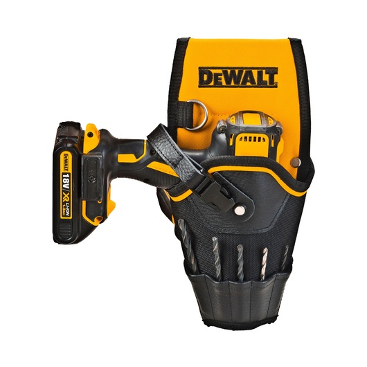 DEWALT yellow and black holster holding a cordless drill and drill bits for easy tool access.