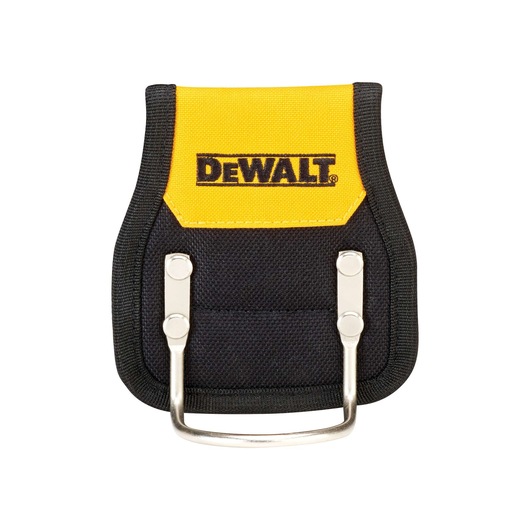 DEWALT tool holder with black and yellow fabric and metal hook for carrying tools on a belt.
