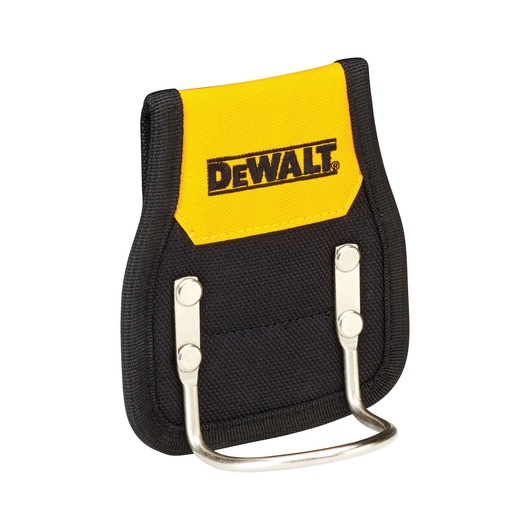 DEWALT black and yellow fabric hammer holder with metal loop for attaching tools.