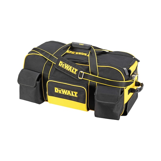 DEWALT black and yellow tool bag with multiple pockets and shoulder strap, suitable for storing tools.