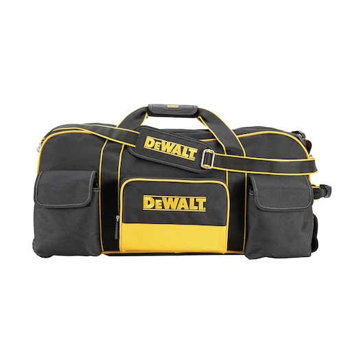 DEWALT black and yellow tool bag with multiple pockets and adjustable shoulder strap, front logo displayed.