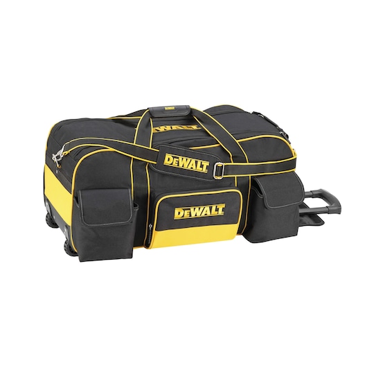DEWALT black and yellow rolling tool bag with pockets and telescopic handle.