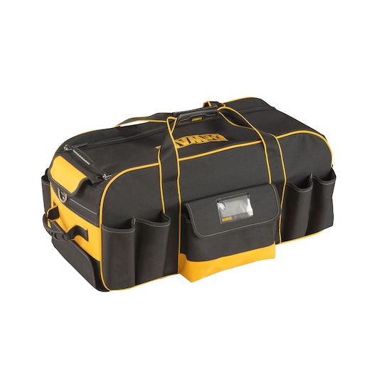 Black and yellow DEWALT tool bag with multiple pockets and handles for carrying equipment.