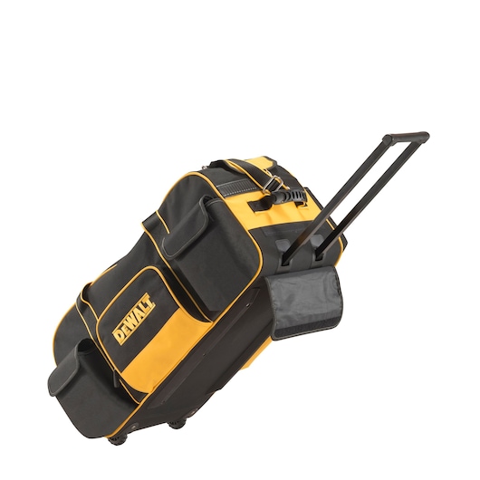 DEWALT black and yellow rolling tool bag with telescopic handle and multiple exterior pockets.