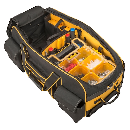 DEWALT tool bag with compartments for accessories and parts, shown open and organized.