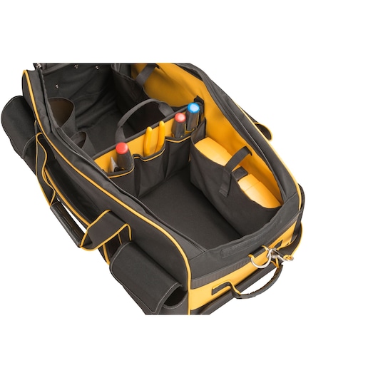 Open DEWALT tool bag with compartments, holding tools and accessories, black and yellow design.