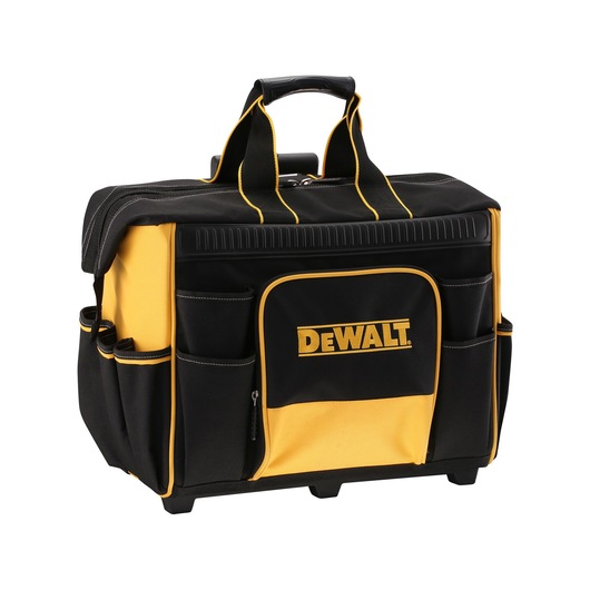 DEWALT black and yellow tool bag with multiple pockets, carrying handles, and logo on the front.