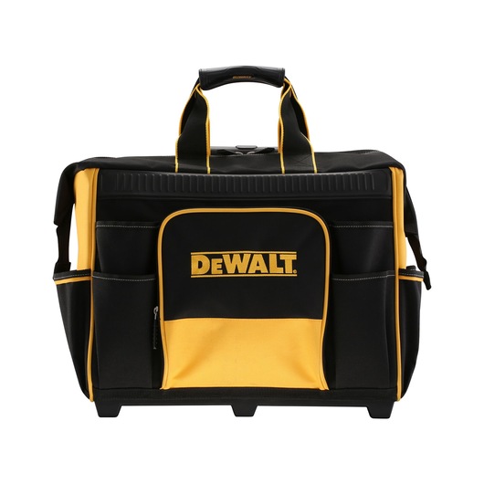 DEWALT black and yellow tool bag with handles and multiple pockets, front logo visible.