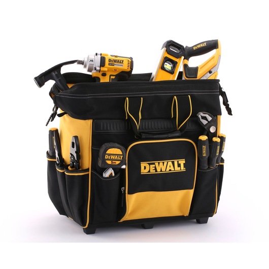 DEWALT tool bag with various DEWALT hand tools and power tools in black and yellow colors, arranged neatly.