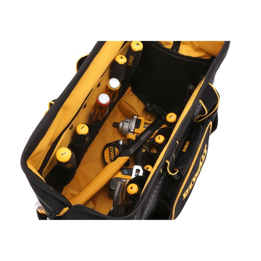 Open DEWALT tool bag showing various hand tools and accessories organized inside yellow and black compartments.