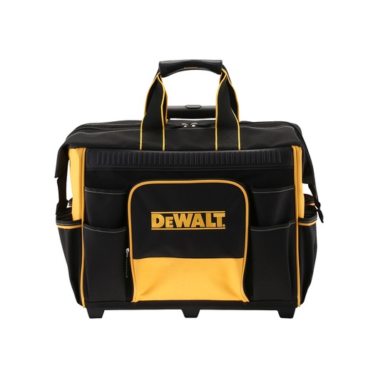 Black and yellow DEWALT tool bag with handles, multiple pockets, and a zippered front pocket.