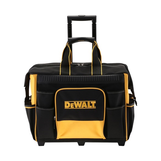 DEWALT black and yellow rolling tool bag with handle and multiple pockets, front logo visible.