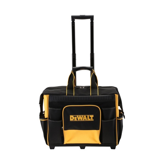DEWALT black and yellow rolling tool bag with handle and multiple exterior pockets.