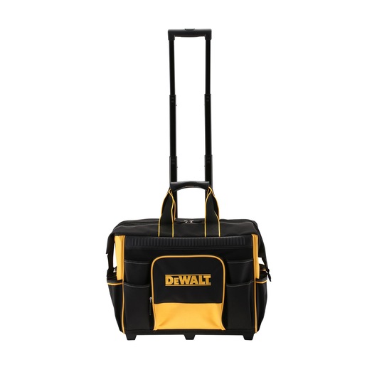 DEWALT black and yellow rolling tool bag with telescopic handle, front pocket, and side pockets.