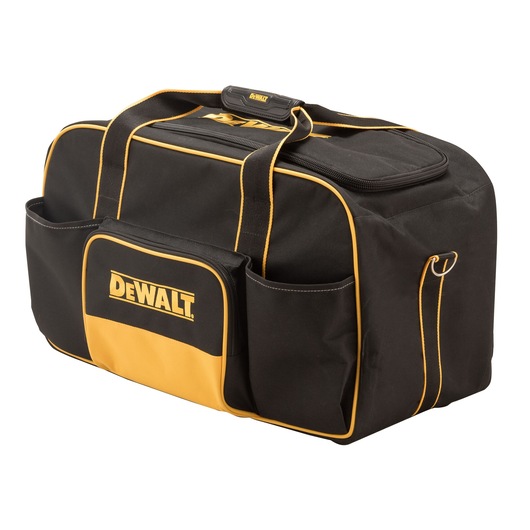 Black and yellow DEWALT tool bag with side pockets and a zippered top, suitable for carrying tools or accessories.