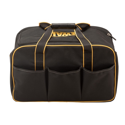 Black DEWALT tool bag with yellow trim and three external pockets, zippered top, and sturdy handles.