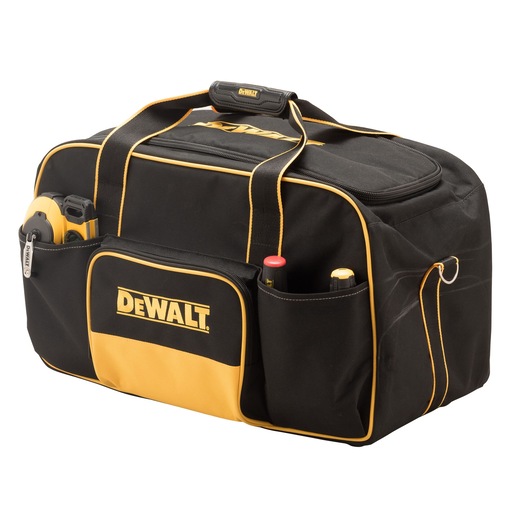 DEWALT black and yellow tool bag with external pockets and handles.