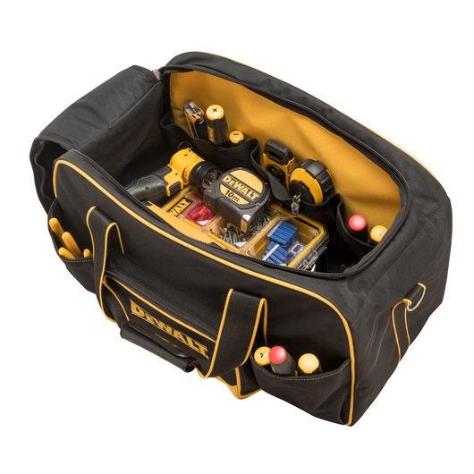 DEWALT tool bag with yellow accents, containing various tools, drill, tape measure, and accessories.