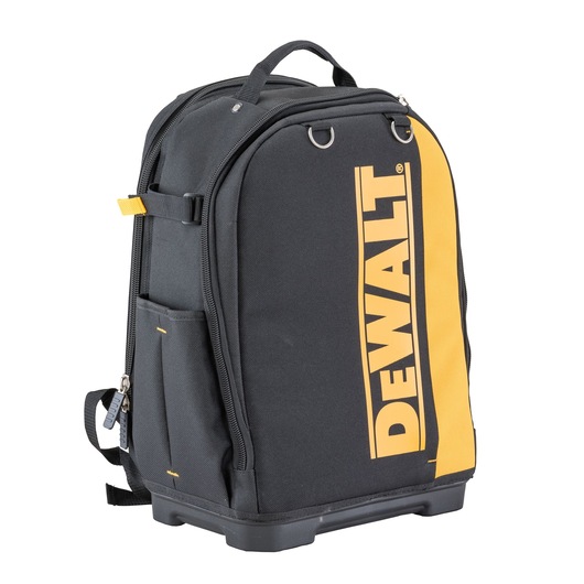 Black and yellow DEWALT tool backpack with sturdy base and side pocket, designed for carrying tools.