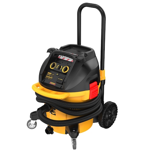 A DEWALT DWV905H industrial wet and dry vacuum cleaner with a black and yellow body, wheels, a handle for portability, and a hose wrapped around the front.